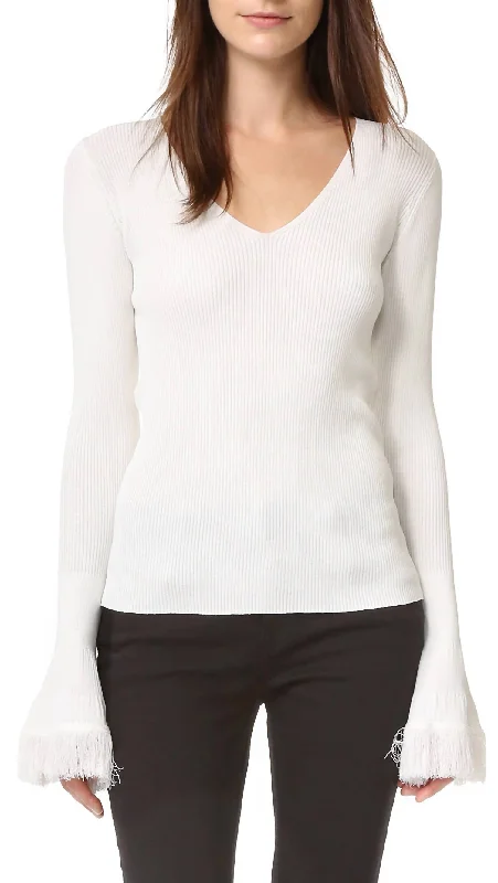 Women's Evening Clothes V-Neck Ribbed Sweater In White