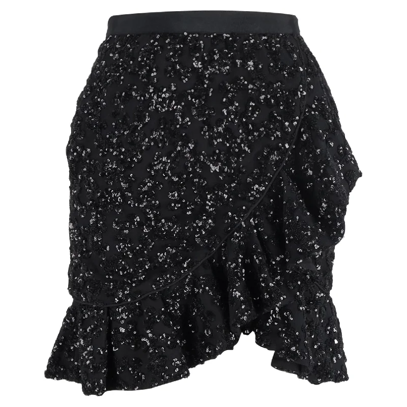 Affordable Women's Clothing Self-Portrait Sequined Mini Ruffled Skirt in Black Polyester