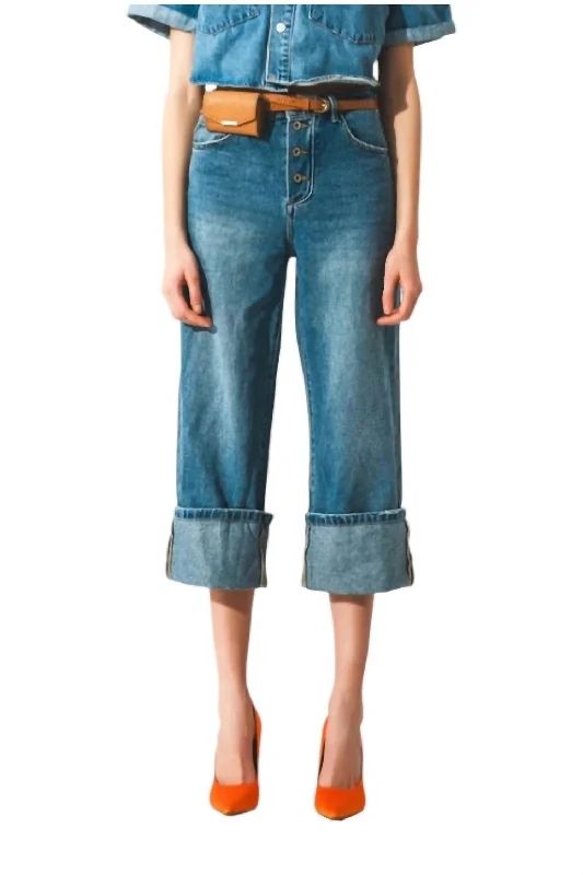 Women's Clothing Sale Online Relaxed Jeans With Rolled Hem And Exposed Buttons In Denim Blue