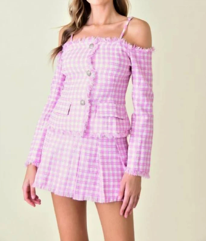 Unique Women's Fashion Pieces Preppy Chic Plaid Pleated Skirt In Pink/white