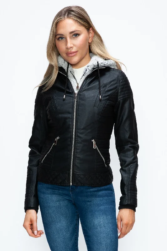 Affordable Women's Clothing Online Faux Layered Double-Zipper Jacket with Fuzzy Hood