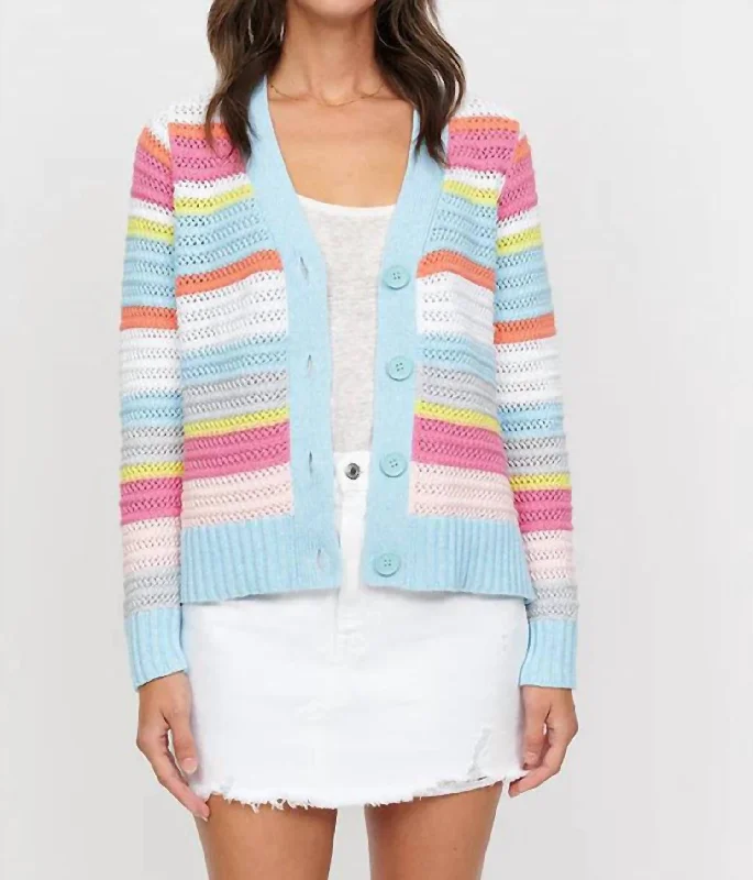 Fashionable Tops for Women Lauren Textured Stripe Vee Cardigan In Seafoam Multi