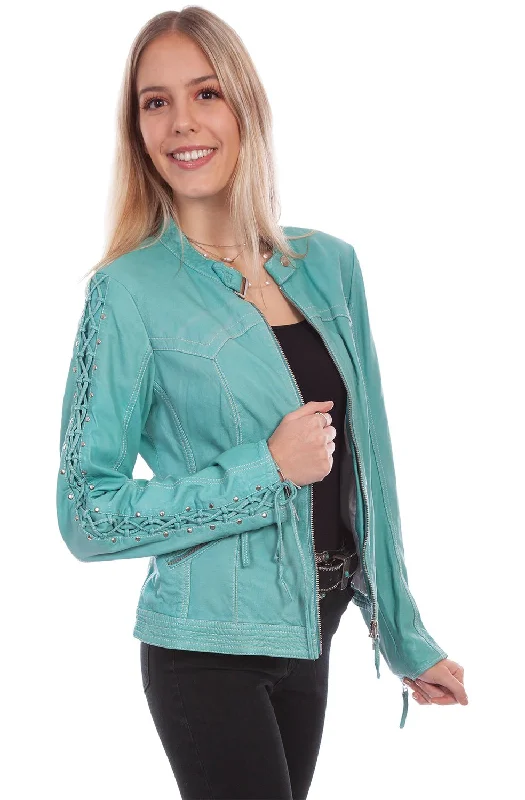 Women's Stylish Outdoor Outfit Scully Womens Blue River Leather Laced Sleeve Jacket