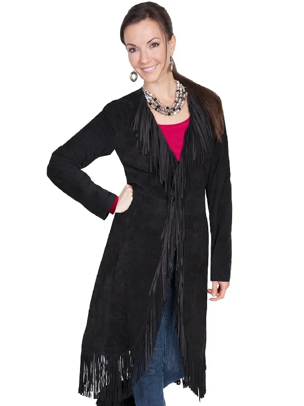 Women's Effortless Casual Outfit Scully Leatherwear Womens Black Boar Suede Fringe Maxi Coat