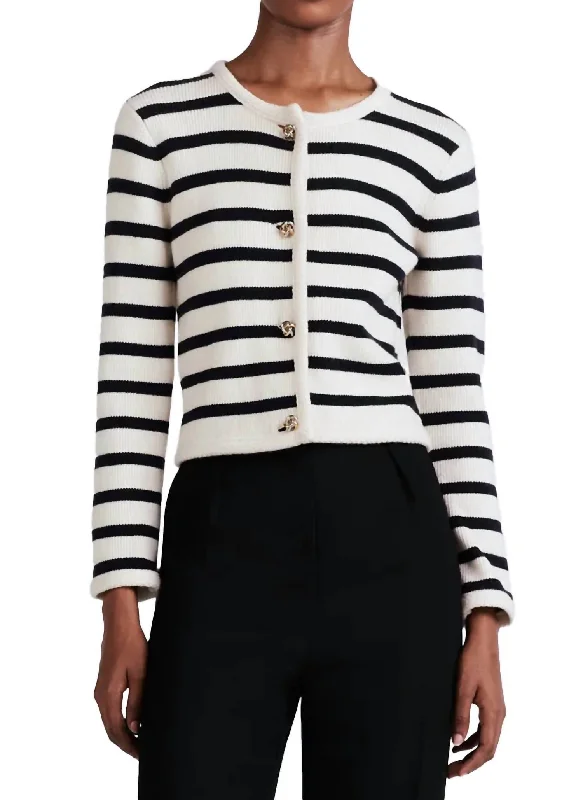 Women Fashion Keene Stripe Crewneck Cardigan In Ivory