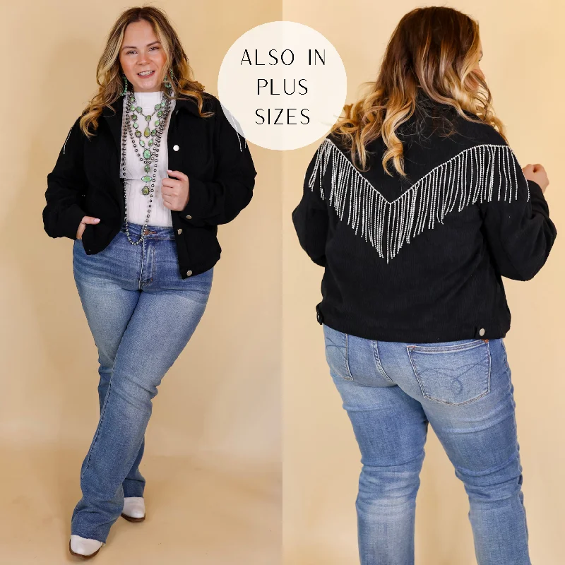 Women's Sporty Chic Clothes Signature Moves Button Up Corduroy Jacket with Crystal Fringe Back in Black