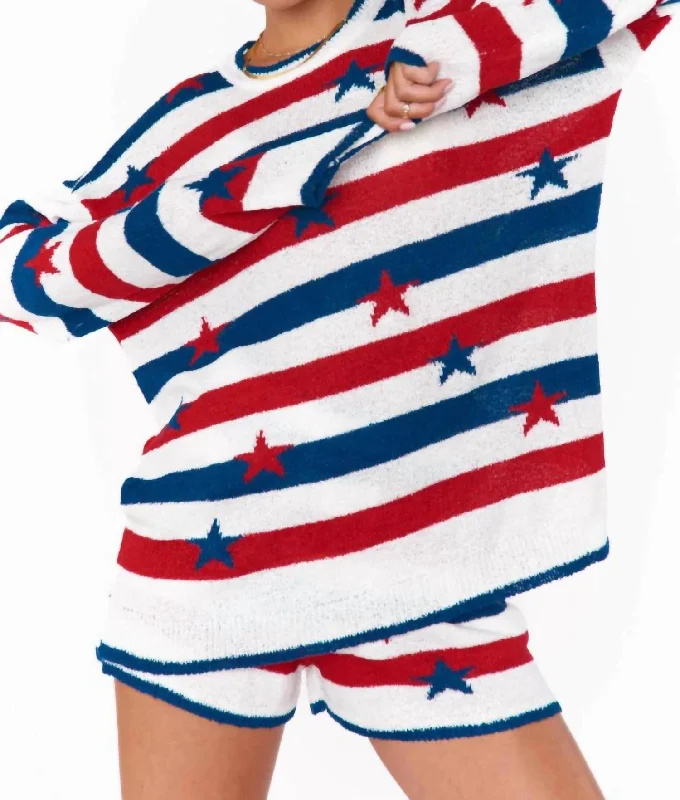 Women's Stylish Casual Garments Stars & Stripes Go To Sweater In White Multi