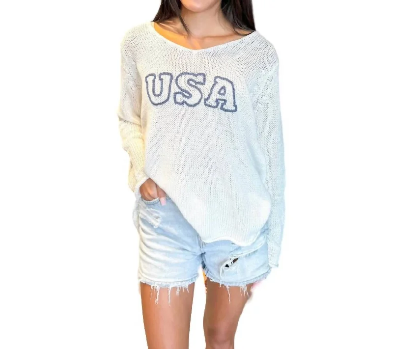 Trendy Women's Apparel Usa V Neck Sweater In White