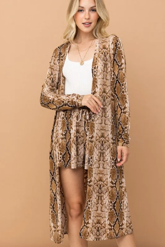 Women's Date Night Outfit Snake Print Kimono Open Front Longline Cardigan