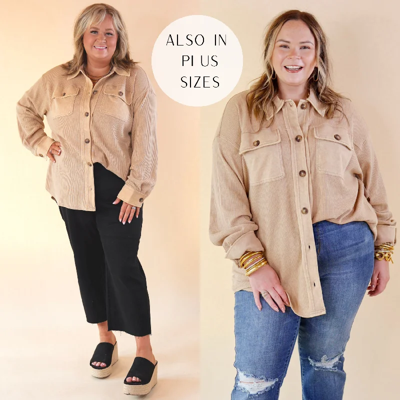 Women's Plus-Size Clothes A Place To Unwind Button Up Waffle Knit Shacket in Cream