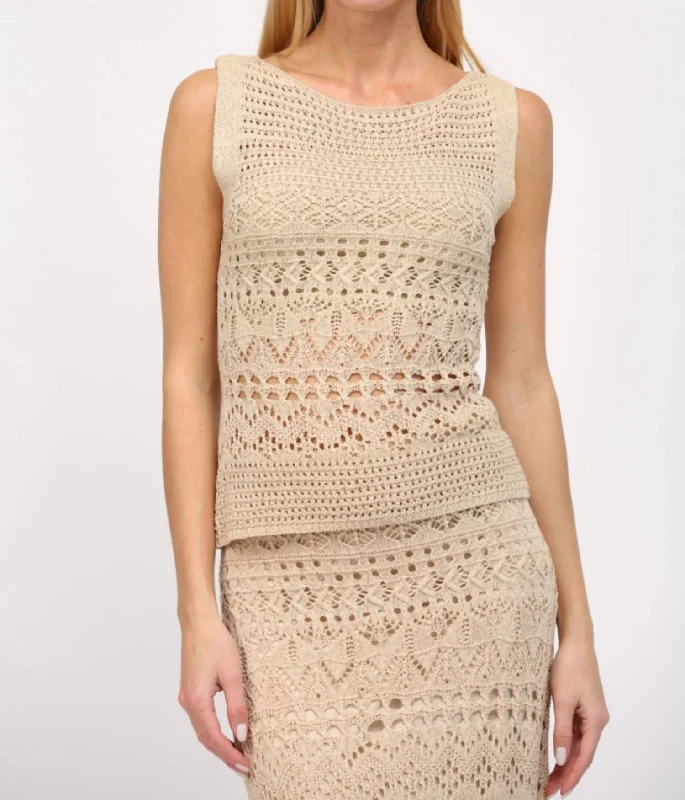 Women's Evening Clothing Boat Neck Sleeveless Crochet Top In Taupe