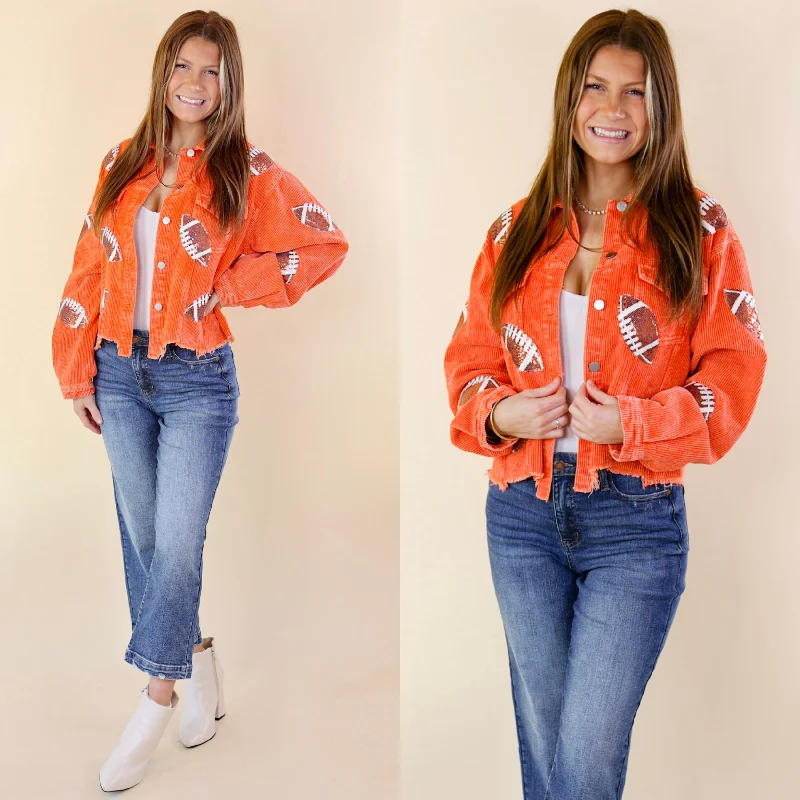 Affordable Women's Clothes Gameday Ready Corduroy Shacket with Sequin Football Patches in Orange