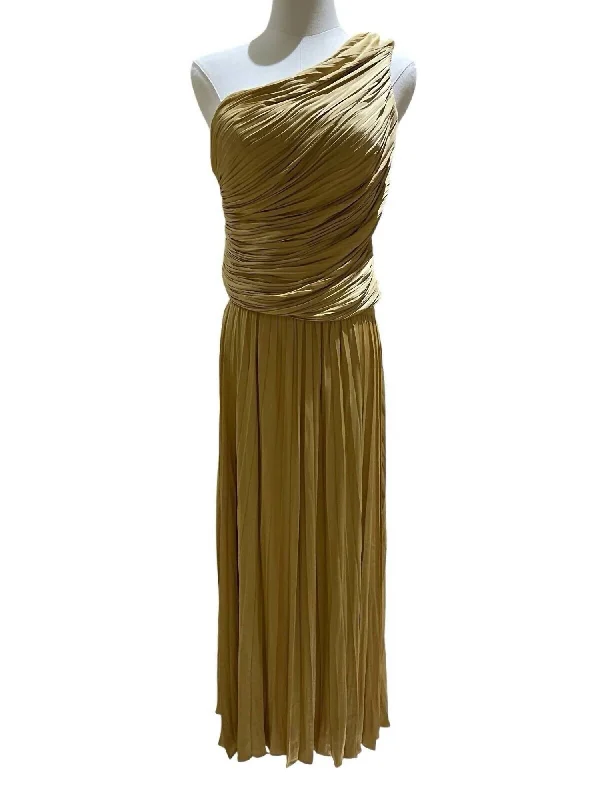 Women's Clothing With Trendy Designs One Shoulder Smocked Top And Pleated Midi Skirt Set In Gold