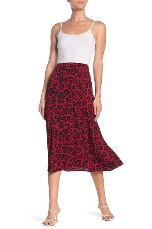 Affordable Online Boutique Animal Print Flare High Rise Crepe Midi Skirt In Red