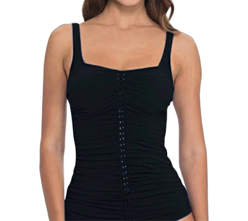 Affordable Fashion for Women Shirred Tankini Top In Waterfall Black