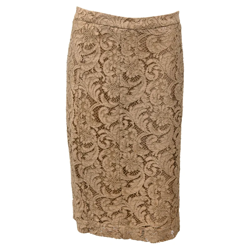 Women's Clothes For Work Events Burberry Lace Midi Pencil Skirt in Brown Polyester