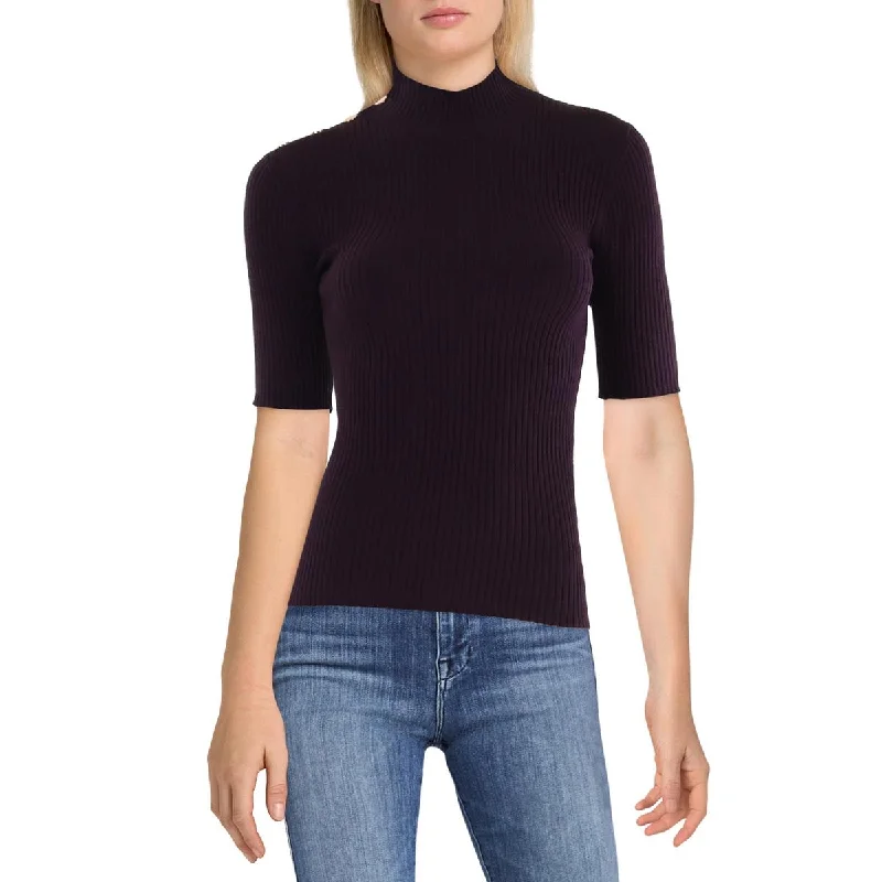 Fashionable Casual Tops Womens Ribbed Knit Short Sleeve Funnel-Neck Sweater