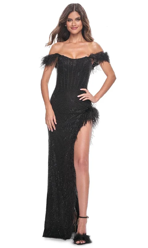 Casual Outfit For Women La Femme 32151 - Scoop Feather Trim Prom Gown