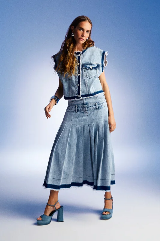 Women's Office Clothing Pleated Long Denim Skirt