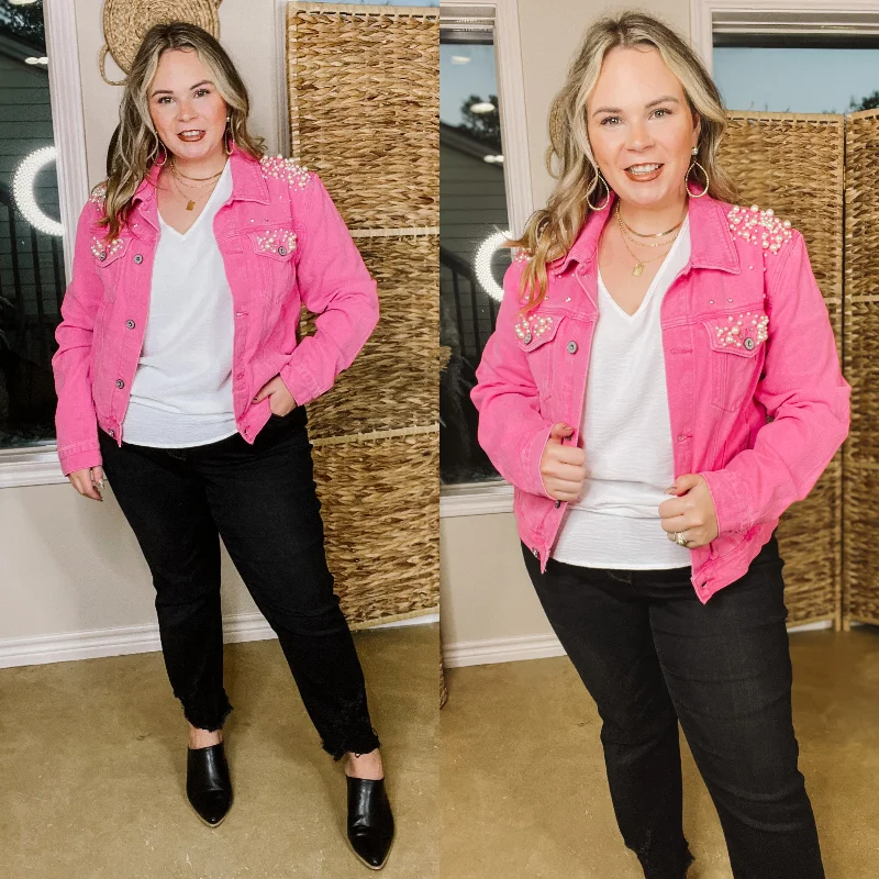 Casual Style for Busy Women Dreams And Desires Button Up Denim Jacket with Pearls and Crystals and Hot Pink