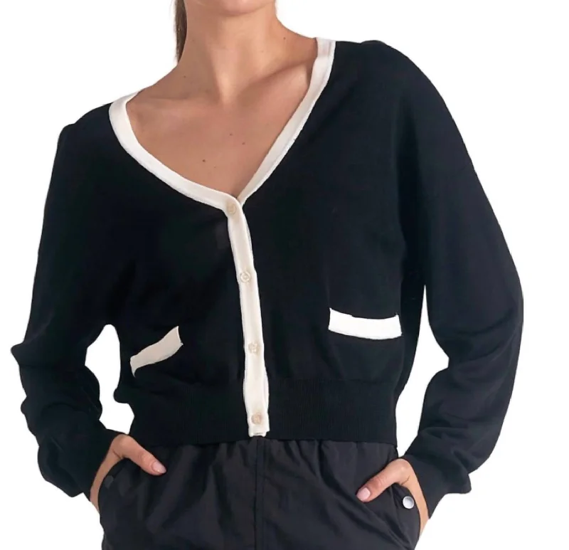 Women's Chic Outerwear Garments Accent Trimmed Cardigan In Black/white