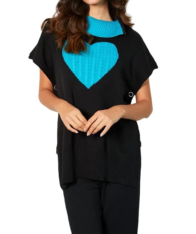 Classic Women's Clothing Styles Zip Cowl Neck Heart Poncho In Black/turquoise