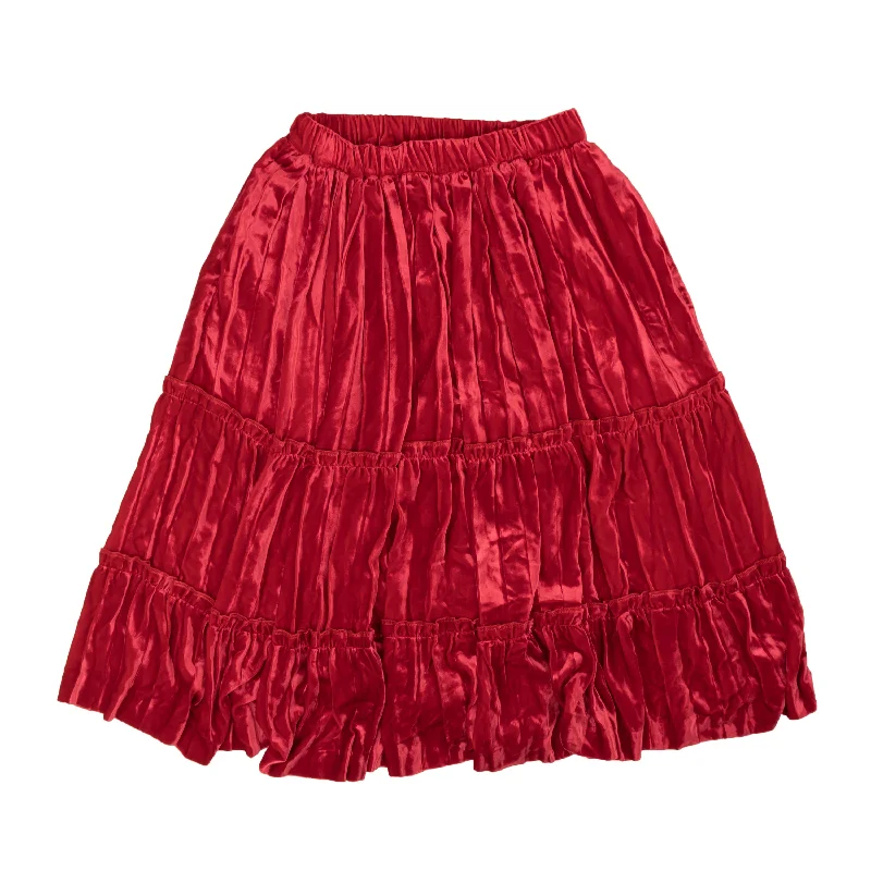 Contemporary Women's Clothing Comme Des Garcons Crush Velvet Tier Frill Trim Skirt - Red