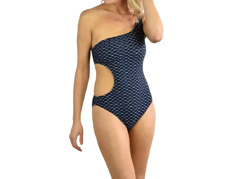 Women's Clothing Outfit Set Wave Stretch Jacquard One Shoulder Tank One Piece In Navy/white