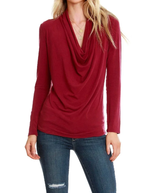 Women's Casual Clothing For Lounging Long Sleeve Cowl Top In Burgundy