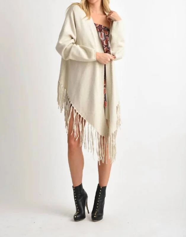 Women's Casual Wear Outfit Angel Long Sleeve Cardigan With Fringe Hem In Beige