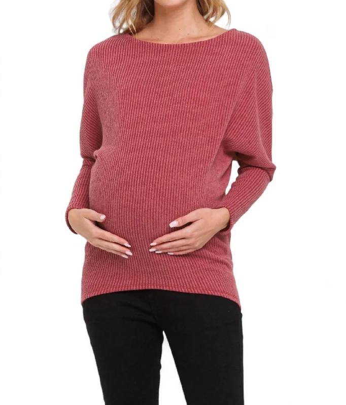 Casual Chic Clothing For Women Rib Knit Boat Neck Maternity Top In Red