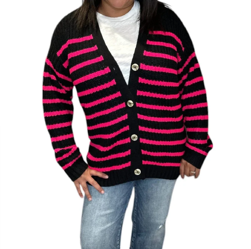 Woman Clothing Vibe Stripe Cardigan Sweater In Black/pink